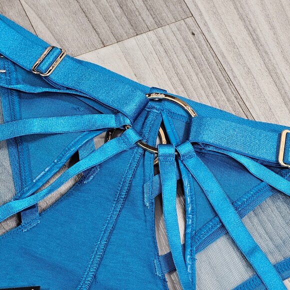 Honey Birdette Mistress T Peacock Blue Faux Leather Ouvert Brief Panty Size L - Picture 6 of 8